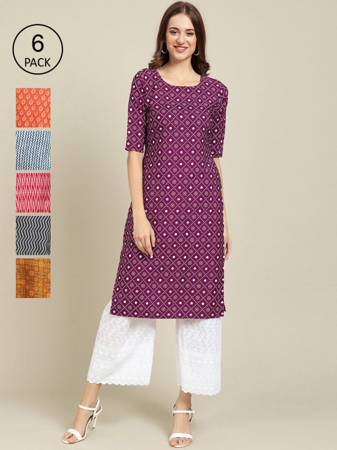 

KALINI PACK OF 6 Women Ethnic Motifs Printed Block Print Crepe Kurta, Purple