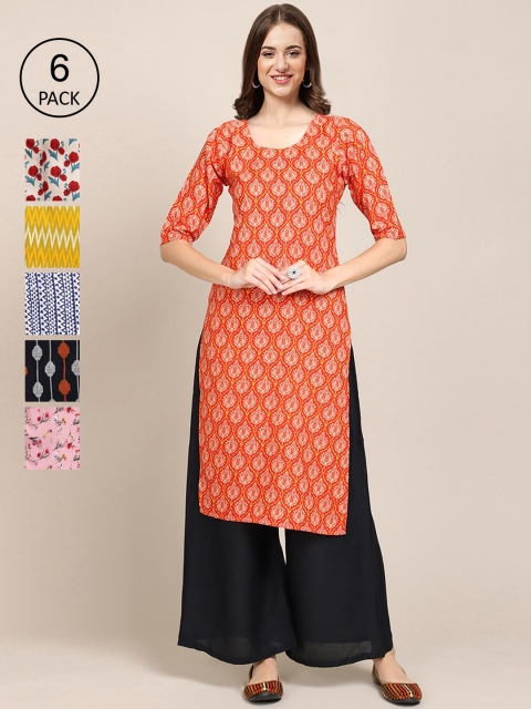 

KALINI PACK OF 6 Women Floral Printed Block Print Crepe Kurta, Orange