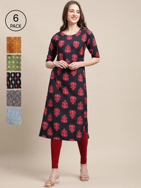 

KALINI Women Pack Of 6 Ethnic Motifs Printed Crepe Kurta, Black