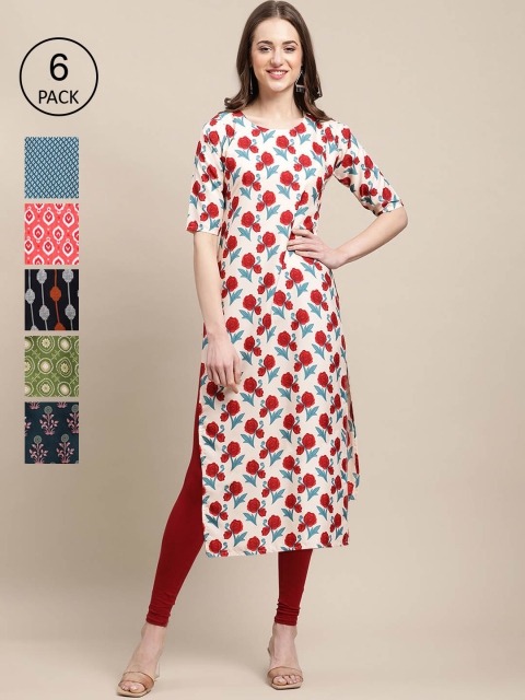 

KALINI Women Pack Of 6 Ethnic Motifs Printed Crepe Kurta, Cream
