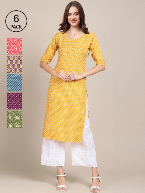 

KALINI Women Pack Of 6 Ethnic Motifs Printed Crepe Kurta, Yellow