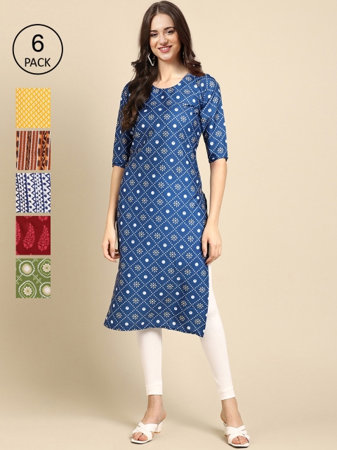 

KALINI Women Pack Of 6 Ethnic Motifs Printed Crepe Kurta, Blue