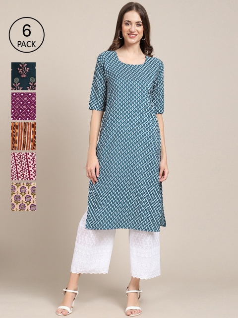 

KALINI Women Teal & Brown Geometric Printed Block Print Crepe Kurta