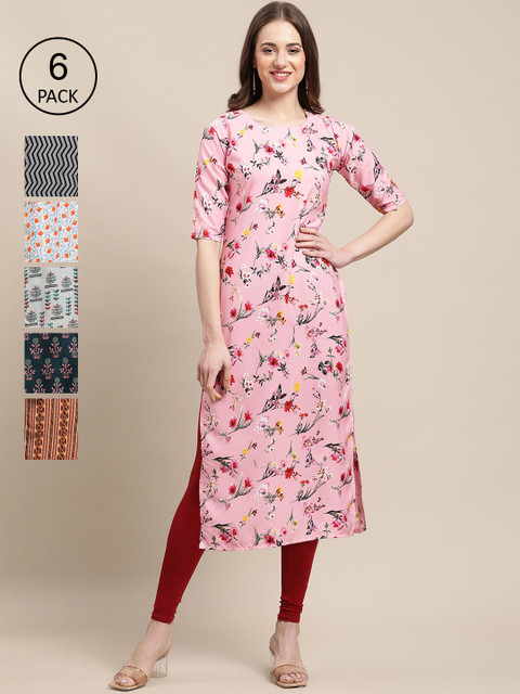 

KALINI Women Pack Of 6 Ethnic Motifs Printed Crepe Kurta, Pink