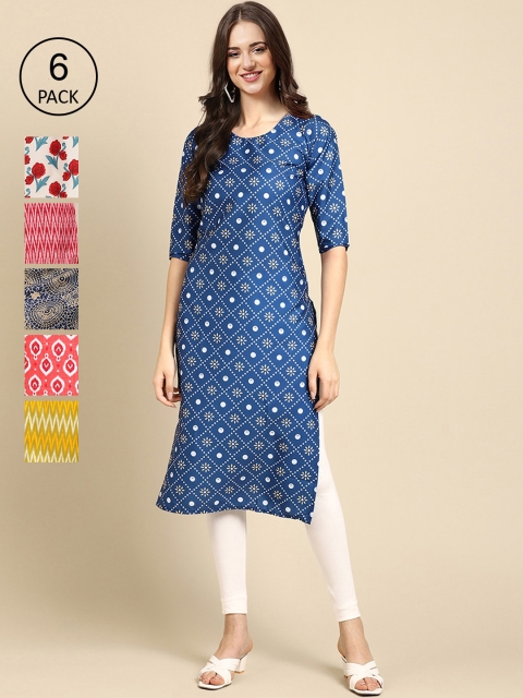 

KALINI Women Pack Of 6 Ethnic Motifs Printed Crepe Kurta, Blue