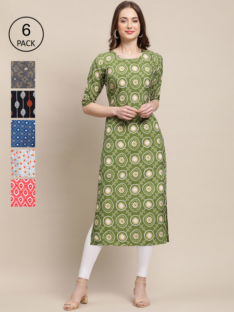 

KALINI Women Pack Of 6 Ethnic Motifs Printed Crepe Kurta, Olive