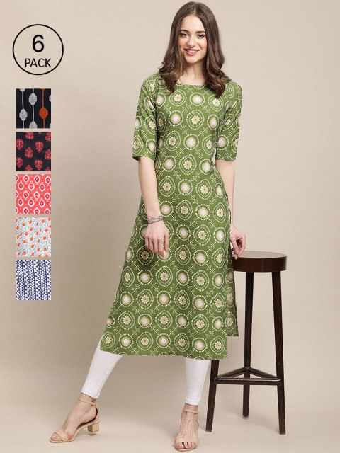 

KALINI Women Pack Of 6 Ethnic Motifs Printed Crepe Kurta, Green