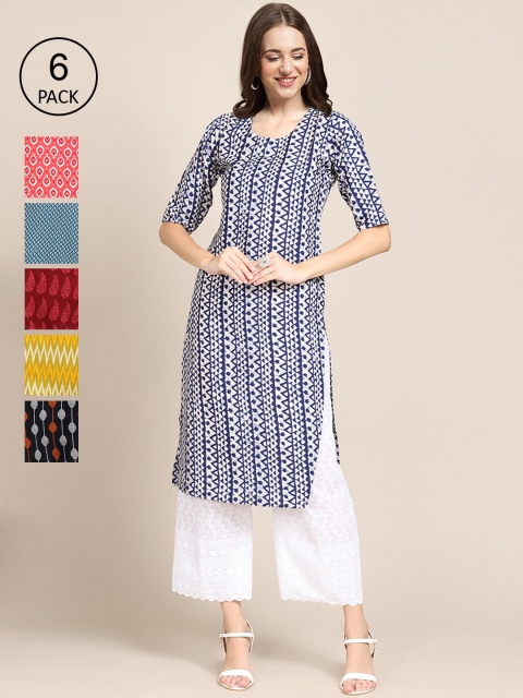 

KALINI Women Pack Of 6 Ethnic Motifs Printed Crepe Kurta, Red