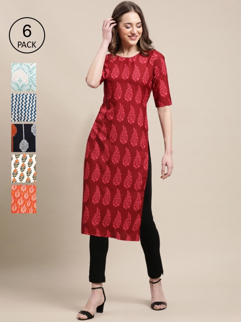 

KALINI Women Pack Of 6 Ethnic Motifs Printed Crepe Kurta, Red