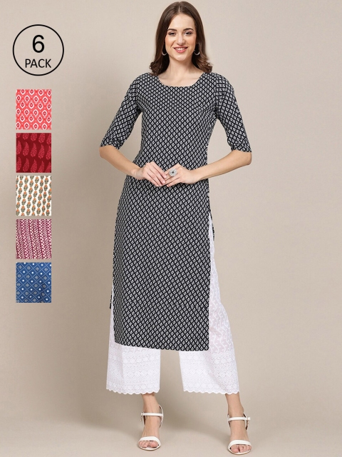 

KALINI Women Pack Of 6 Ethnic Motifs Printed Crepe Kurta, Black