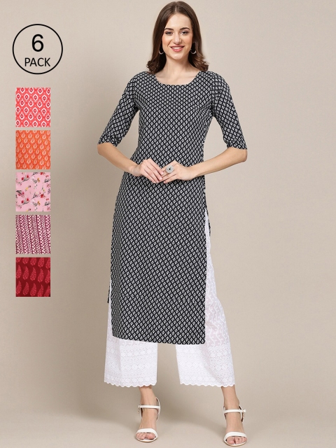 

KALINI Women Pack of 6 Black & Red Ethnic Motifs Printed Crepe Kurta