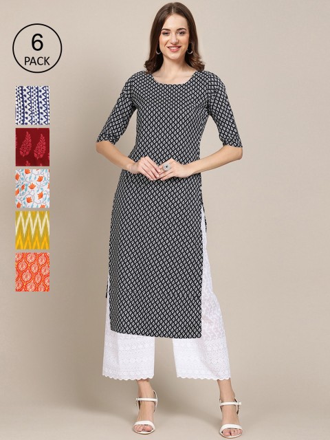 

KALINI Women Pack Of 6 Ethnic Motifs Printed Crepe Kurta, Black