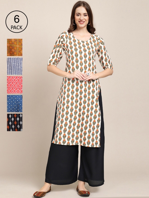 

KALINI Women Multicoloured Pack Of 6 Ethnic Motifs Printed Crepe Kurta, Multi
