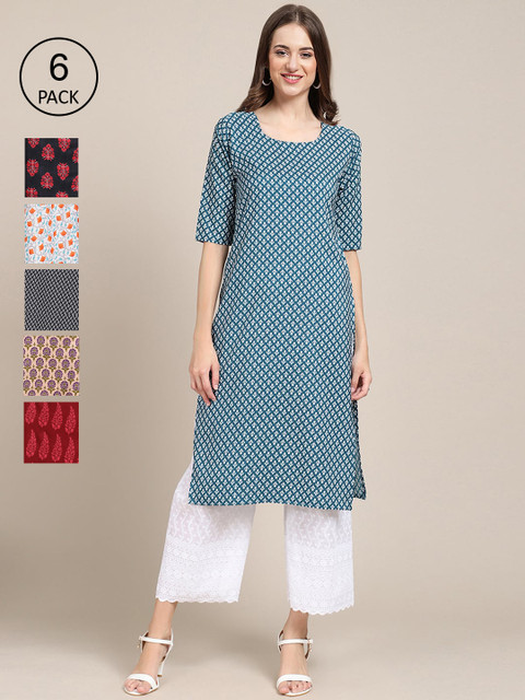 

KALINI Women Multicoloured Pack Of 6 Ethnic Motifs Printed Crepe Kurta, Multi
