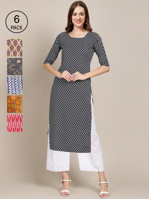 

KALINI Women Multicoloured Pack Of 6 Ethnic Motifs Printed Crepe Kurta, Multi