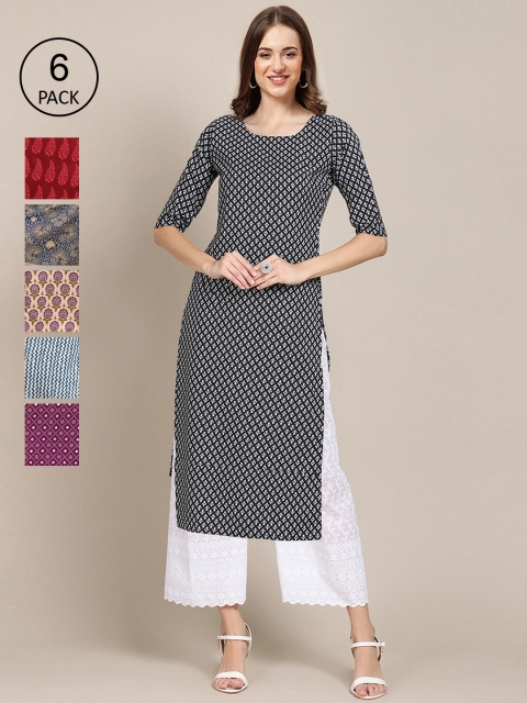 

KALINI Women Multicoloured Pack Of 6 Ethnic Motifs Printed Crepe Kurta, Multi