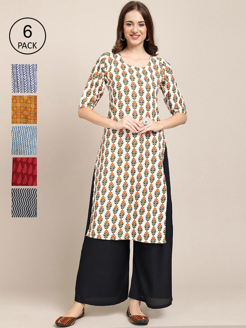

KALINI Women Multicoloured Pack Of 6 Ethnic Motifs Printed Crepe Kurta, Multi