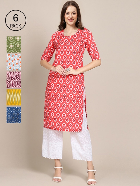 

KALINI Women Multicoloured Pack Of 6 Ethnic Motifs Printed Crepe Kurta, Multi
