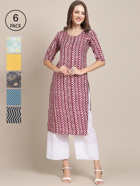 

KALINI Women Multicoloured Pack Of 6 Ethnic Motifs Printed Crepe Kurta, Multi