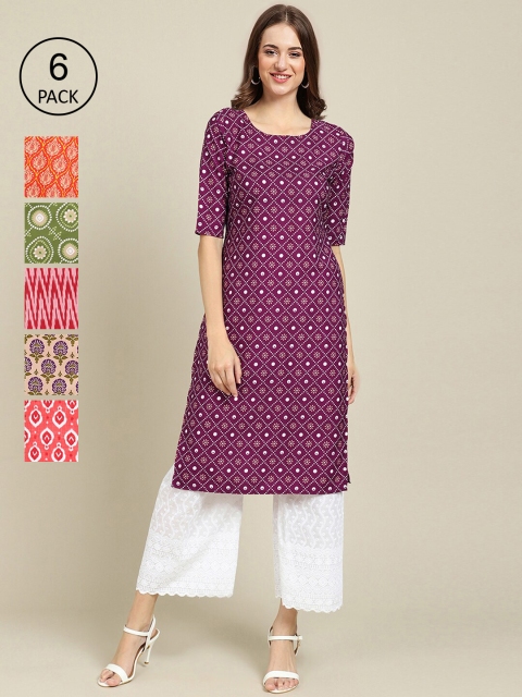 

KALINI Women Multicoloured Pack Of 6 Ethnic Motifs Printed Crepe Kurta, Multi