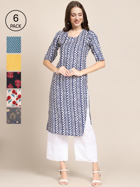 

KALINI Women Set Of 6 Blue & Yellow Floral Printed Crepe Kurta
