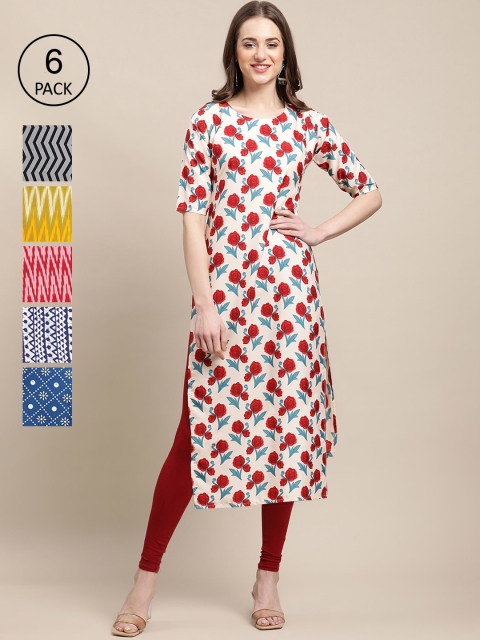 

KALINI Women Set Of 6 Yellow & Blue Floral Printed Crepe Kurta