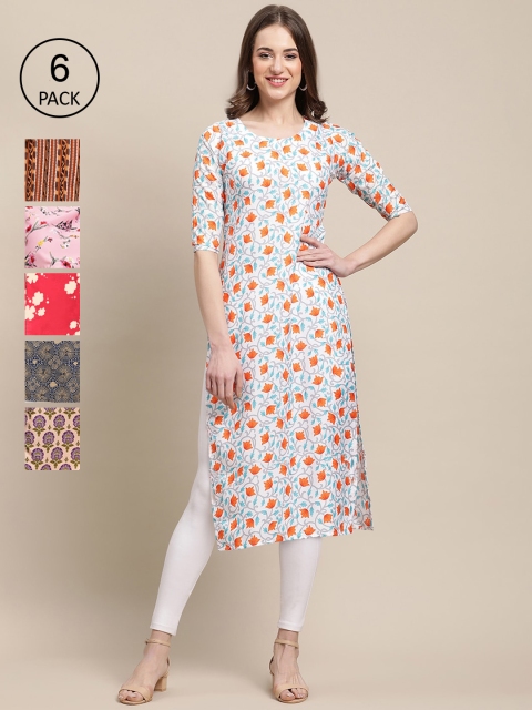 

KALINI Women Set Of 6 Blue & Peach-Coloured Floral Printed Crepe Kurta