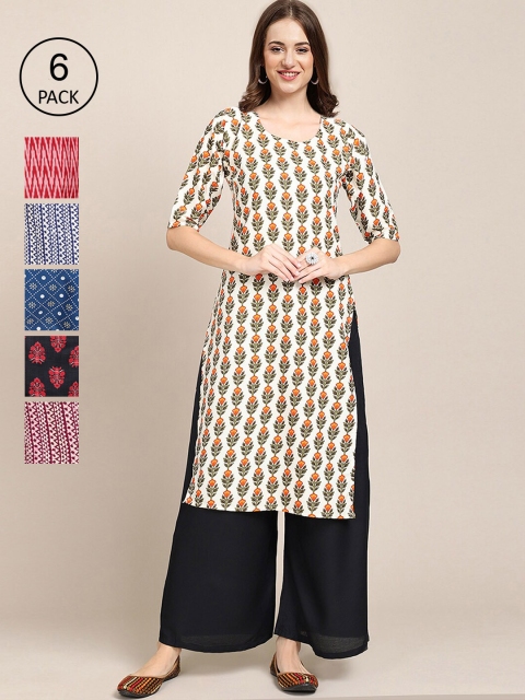 

KALINI Women Set Of 6 Pink & Blue Floral Printed Crepe Kurta