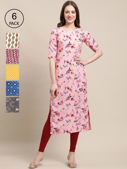 

KALINI Women Set Of 6 Pink & Yellow Floral Printed Crepe Kurta