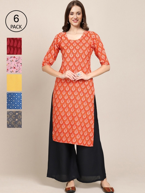 

KALINI Women Set Of 6 Orange & Red Ethnic Motifs Printed Crepe Kurta