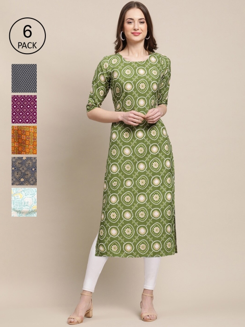 

KALINI Women Multicoloured Pack Of 6 Floral Printed Block Print Crepe Kurta, Multi