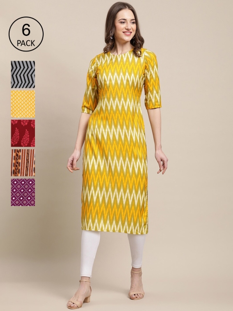 

KALINI Women Pack of 6 Digital Printed Crepe Straight Kurtas, Yellow