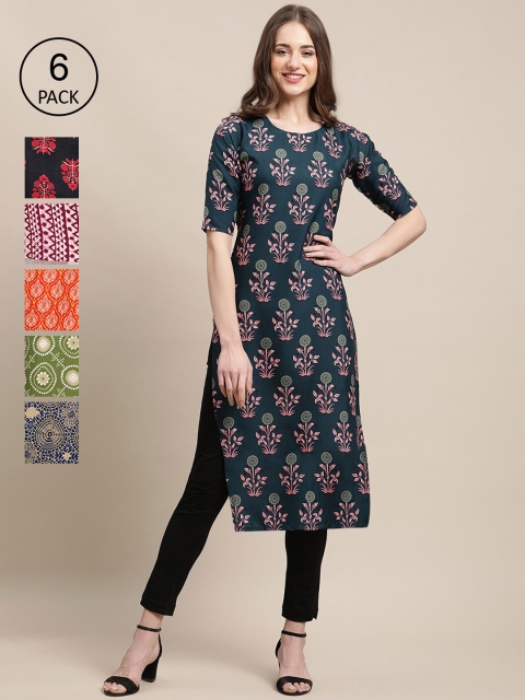 

KALINI Women Multicoloured Pack Of 6 Floral Printed Block Print Crepe Kurta, Multi