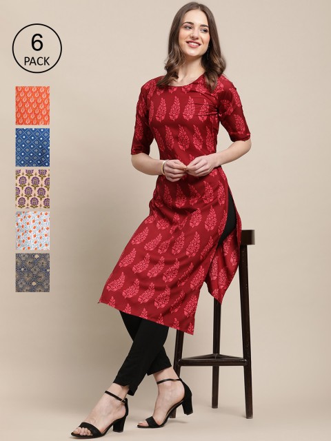 

KALINI Women Multicoloured Pack Of 6 Floral Printed Block Print Crepe Kurta, Multi