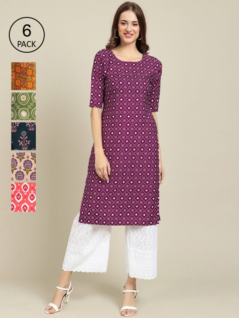 

KALINI Women Multicoloured Pack Of 6 Floral Printed Block Print Crepe Kurta, Multi