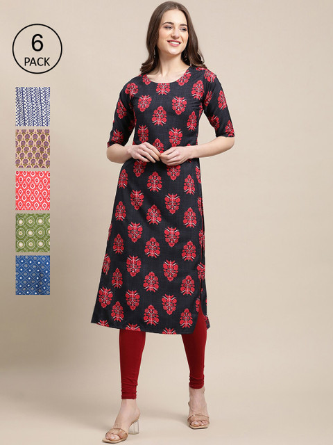 

KALINI Women Multicoloured Ethnic Motifs Printed Keyhole Neck Block Print Crepe Kurta, Multi