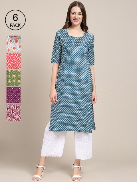 

KALINI Women Multicoloured Pack Of 6 Ethnic Motifs Printed Block Print Crepe Kurta, Multi