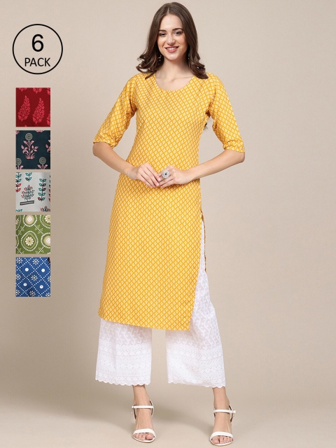 

KALINI Women Pack Of 6 Ethnic Motifs Printed Crepe Kurta, Yellow