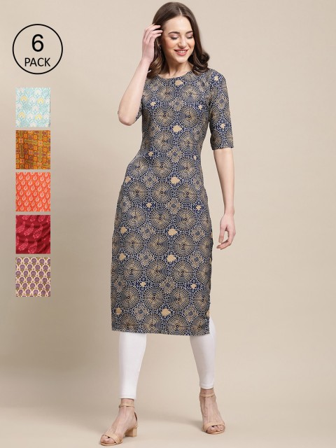 

KALINI Women Pack of 6 Orange & Peach-Colored Crepe Kurtas