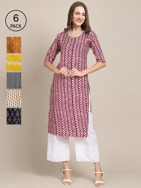 

KALINI Women Pack Of 6 Printed Crepe Straight Kurta, Yellow