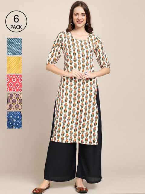 

KALINI Women Multicoloured Ethnic Motifs Printed Keyhole Neck Block Print Crepe Kurta, Multi