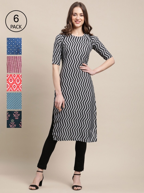 

KALINI Women Pack of 6 Black & Blue Ethnic Motifs Printed Crepe Kurta