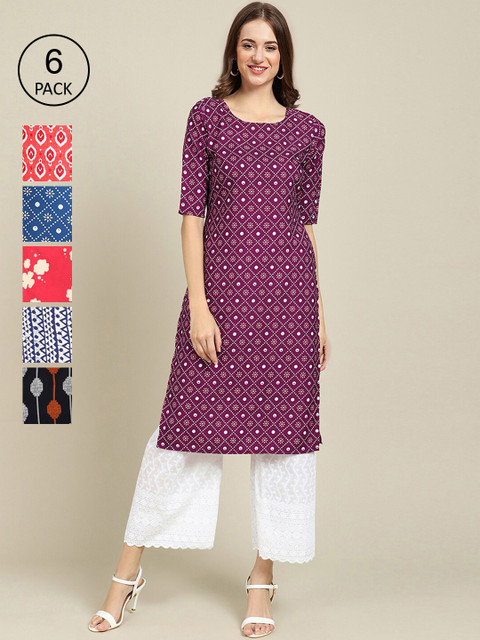 

KALINI Women Pack of 6 Purple & Red Ethnic Motifs Printed Crepe Kurtas