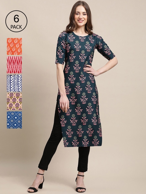 

KALINI Pack Of 6 Women Printed Crepe Kurta, Green