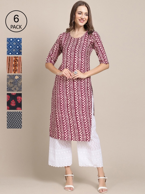 

KALINI Women Pack Of 6 Geometric Printed Crepe Straight Kurta, Blue