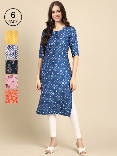 

KALINI Women Pack of 6 Printed Crepe Kurtas, Blue