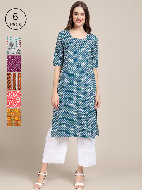 

KALINI Women's Crepe Printed Straight Kurta [PACK OF 6], Multi