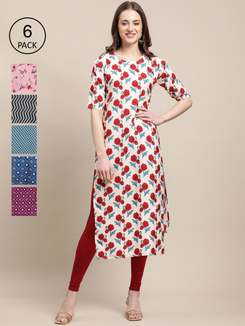 

1 Stop Fashion Women Pack Of 6 Ethnic Motifs Printed Crepe Kurta, Pink
