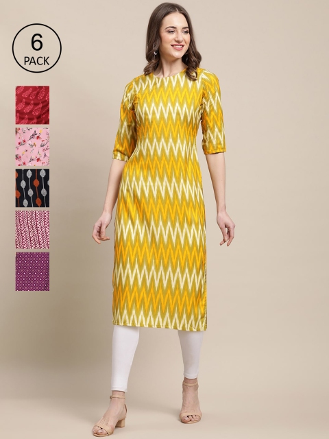 

1 Stop Fashion Women Pack Of 6 Ethnic Motifs Printed Crepe Kurta, Yellow