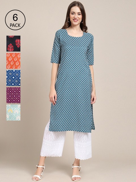 

1 Stop Fashion Women Pack Of 6 Ethnic Motifs Printed Crepe Kurta, Blue